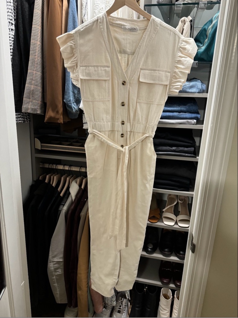 London Jean Cream Button-Front Jumpsuit with Waist Tie - S new!